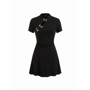 Cider Mandarin Collar Short Sleeve Metal Detail Cut Out Ruched Mini Dress