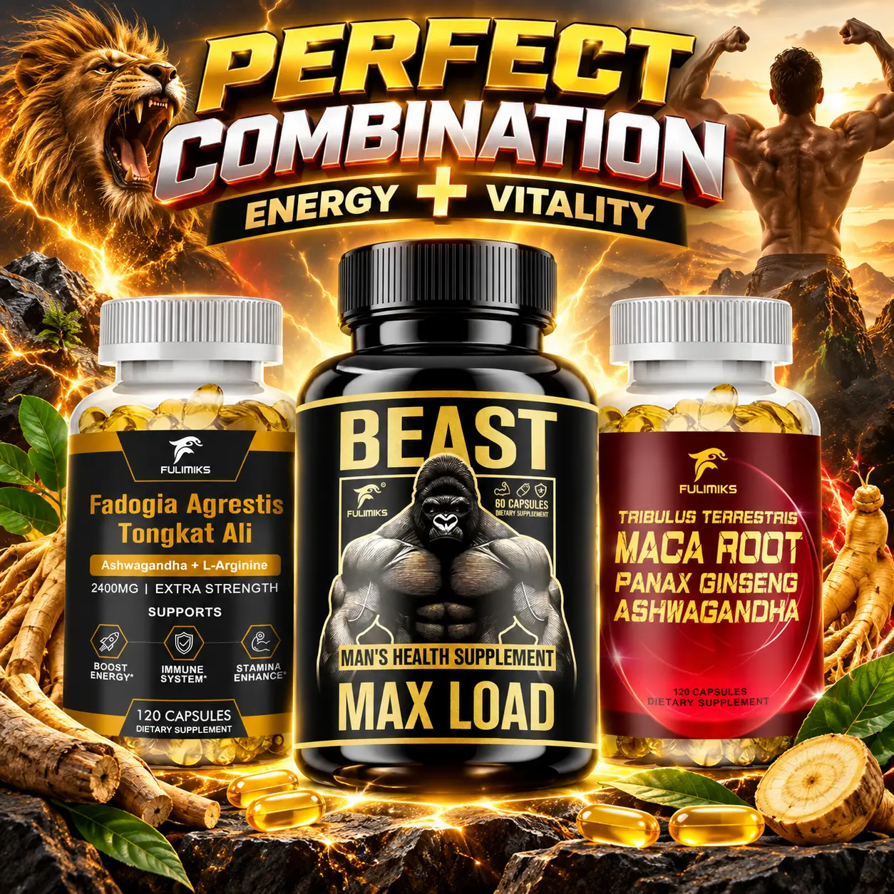 FULIMIKS MAX LOAD Dietary Capsules with Maca Root, Tribulus Terrestris, Panax Ginseng, Fadogia Agrestis, Tongkat Ali, Ashwagandha & L-Arginine - Prop 65 Safe Daily Supplement for Energy, Fitness Recovery & Immune Support