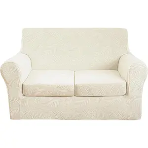 3 Pieces Velvet Loveseat Covers for 2 Cushion Couch Stretch Sofa Covers Washable Dog Couch Cover Embossed Leaf Design Furniture Covers for Sofa (Leaf Ivory, Loveseat)