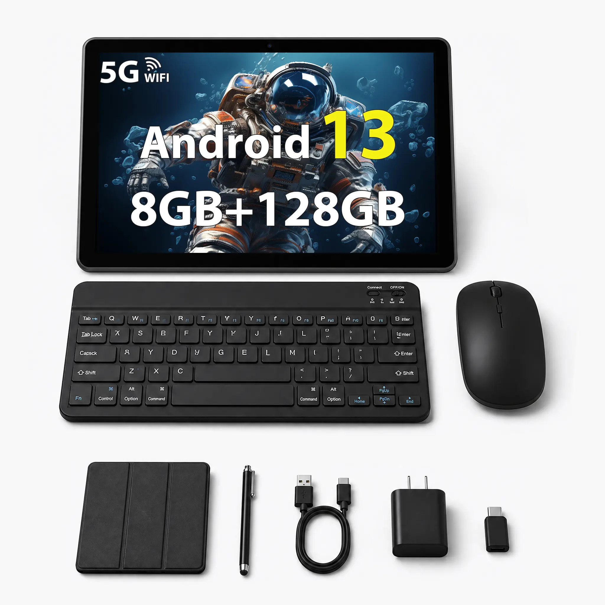 10.1 Inch Android 13 Tablet 128GB Storage with Keyboard, Mouse, Stylus, Protective Case, 4GB+4GB+128GB Quad-Core, Tablet PC, 1TB Expandable, 6000mAh Battery, WiFi, Bluetooth, 5MP+8MP Cameras