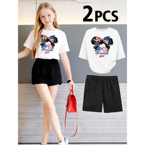 Independence Day 2PCS  Tween Girls Clothes T-Shirt Set  American Girl Minnie Mouse Flag Print Girl Clothes Short-Sleeved Round Neck T-Shirt Bell Bottom Pants Set Perfect For Outdoor  Kids Clothes, Cotton Summer