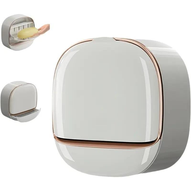 Shower waterproof soap holder, antibacterial wall mounted soap dish with drain and flip cover, keeps soap dry, white