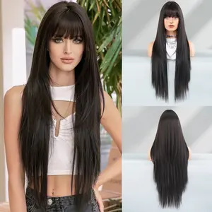 Women's Synthetic Full Machine Wig - Long Straight Hair Black Wig with Bangs, Natural-Looking, Thick, Silky - Ideal for Daily Wear, Parties