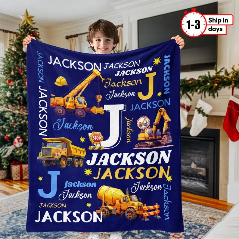 Personalized Excavator Name Blanket for Kids – Custom Construction Truck Blanket, Boys Christmas Gift, Custom Name Throw Blanket Birthday Anniversary Holiday Christmas Halloween
