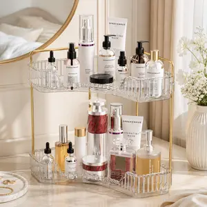2-Tier Corner Makeup Organizer for Vanity, Luxury Perfume Tray & Skincare Storage Holder for Bathroom Dresser Countertop, Aesthetic Large Capacity Counter Table Rack Decor, Perfect Space Saving Organization Gifts for Women, Girlfriend, Couples and Family