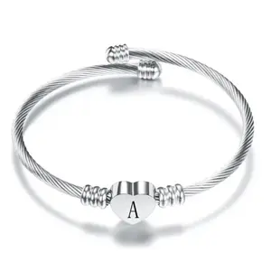 Stainless Steel Heart Cable Bracelet Customize Initial
