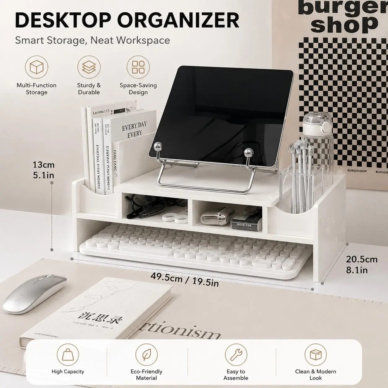 White Desktop Organizer Shelf with 2 Pen Holders, Multi-Compartment Desk Storage Rack for Office Supplies, Stationery, Books, Keyboard, Home Office and Study Desk, Desk Organizers With Compartments, Table Organizers