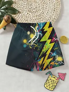 Boys' Deep Base Colorful 3D Neon Lightning Elastic Waist Shorts, Summer Casual Outdoor Wear, Cool Breathable Pants, Birthday Gift, Holiday Present!