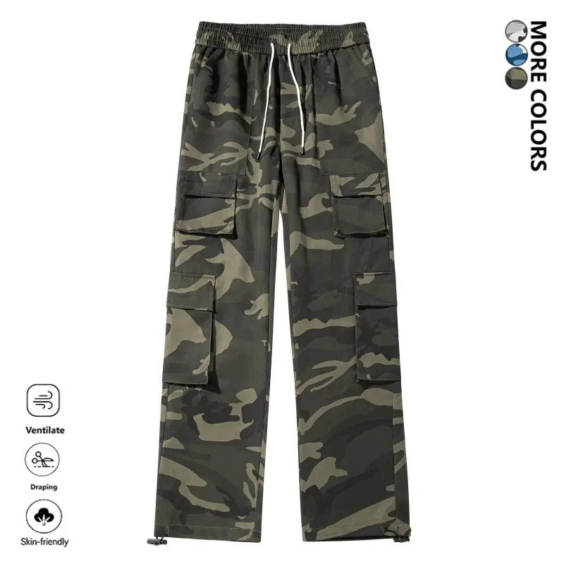 Clean Gent men’s camouflage cargo pants featuring zippered cargo pockets and an adjustable drawstring waist; casual workwear street style, versatile and lightweight with quick-drying fabric—ideal for everyday wear, home, streetwear, commuting, and more.