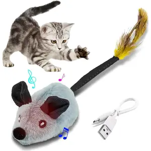 Interactive Cat Toys Mouse With LED Lights ForIndoor Cats USB Rechargeable Cat Mouse Toysfor Cats, Moving Automatic Chirping Squeakywith Feather Tail For All Breeds Cat