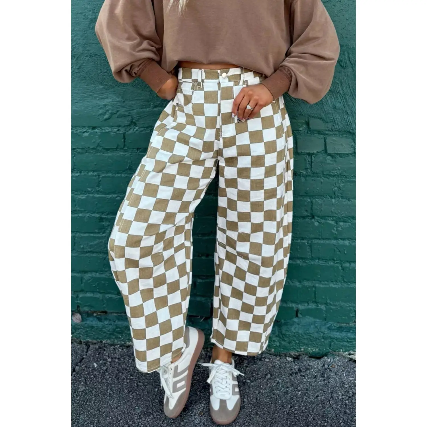 Checkered Print Denim Barrel Pants
