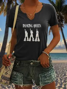 Women's Vintage Disco Dancing Queen Print T-Shirt, Casual V Neck Short Sleeve Top, Fashionable Summer Women's Clothing