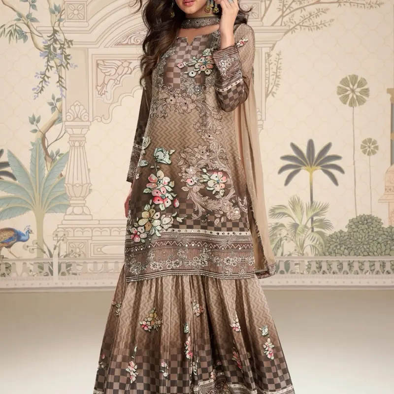 Coffee Brown Crep Silk Sharara Suit (Size L/40) - Embroidered Floral Design, Elegant Checkered Pattern, Smooth Fabric - Womenswear Formal Wear Gown