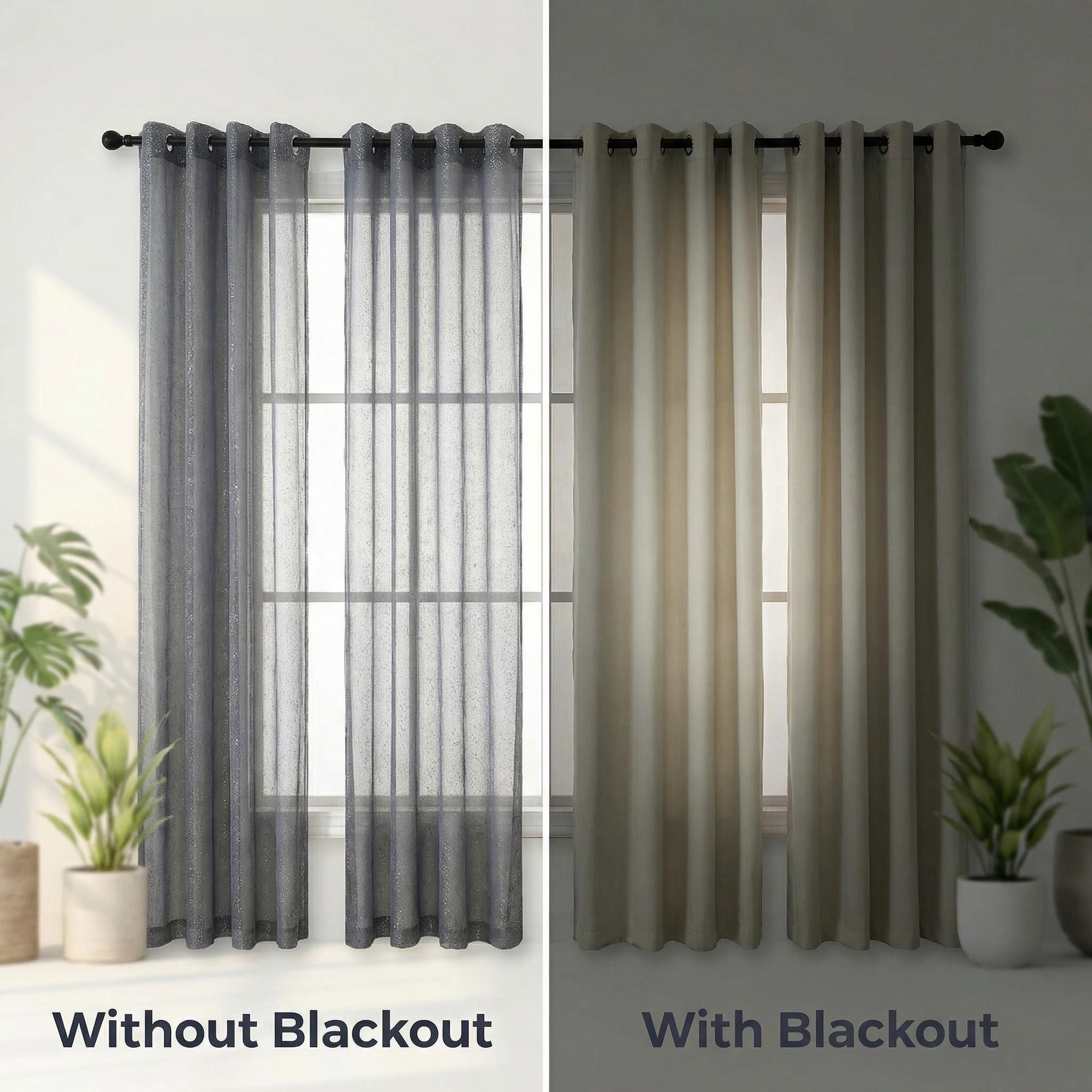 Curtain Club 8 Panels 52x84inch Curtain Fabric + Chiffon Set: 4 panels are plain blackout fabric, 4 panels are chiffon. With silver heat transfer finish, allowing light to pass through. The set can provide both blackout and decorative effects. FT2599+L28