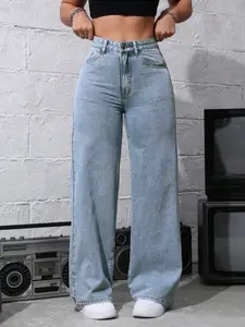 Women's High-Waisted Wide-Leg Denim Jeans, Button Front Pocket Design, Casual Streetwear Long Pants, Fashionable and Comfortable, Ideal for Everyday Wear
