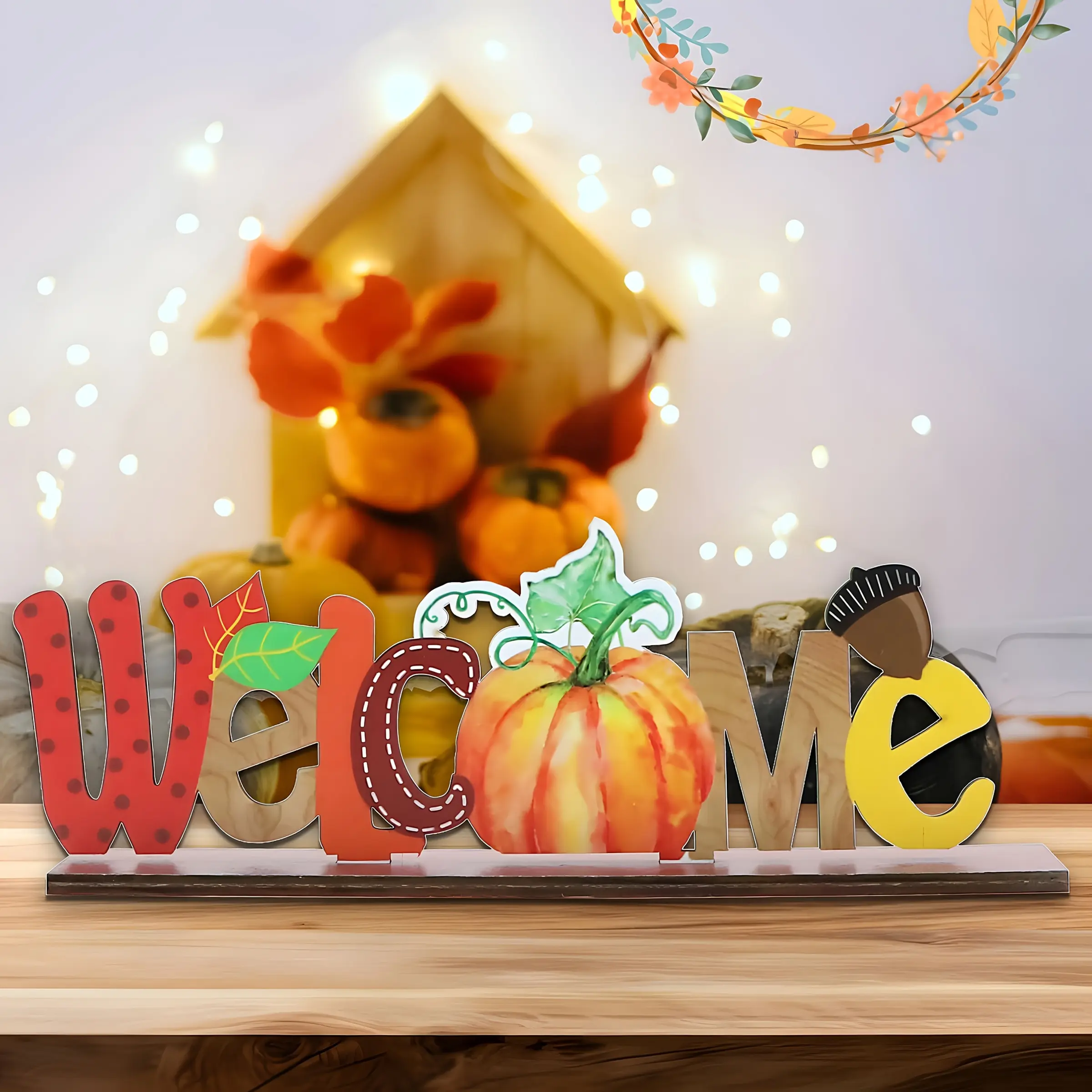 1pc Wooden Thanksgiving Decoration Sign, Home Decor- Modern Autumn Harvest Design, Pumpkin, Corn, and Leaf Patterns, Colorful Welcome Letter Ornament, Suitable for Table Centerpiece Decoration, Fireplace Mantel, or Indoor-Outdoor Holiday Party Dec