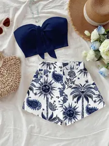 2026 Women's Island Vacation Palm Tree and Sun God Printed Slim Fit Crop Top Short Two-Piece Matching Set, Perfect for Summer Getaways Stylish Spring Looks, layering closet versatile wardrobe