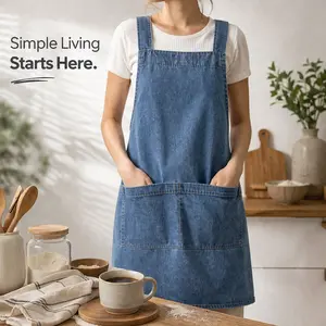 Durable Denim Kitchen Apron with Adjustable Wide Straps & Big Pockets, Workwear for Baking, Barista & DIY Crafts，cooking apron