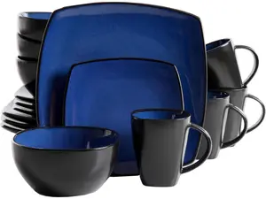 Gibson Soho Lounge 16 Piece Reactive Glaze Dinnerware Plates, Bowls, & Mugs, Blue