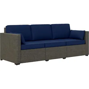 Patio Couch PE Wicker Deep Seating Outdoor Sofa with Removable Cushions, 3 Seater Rattan Sofa, Outdoor Furniture for Balcony, Deck, Garden and Poolside, Navy Blue