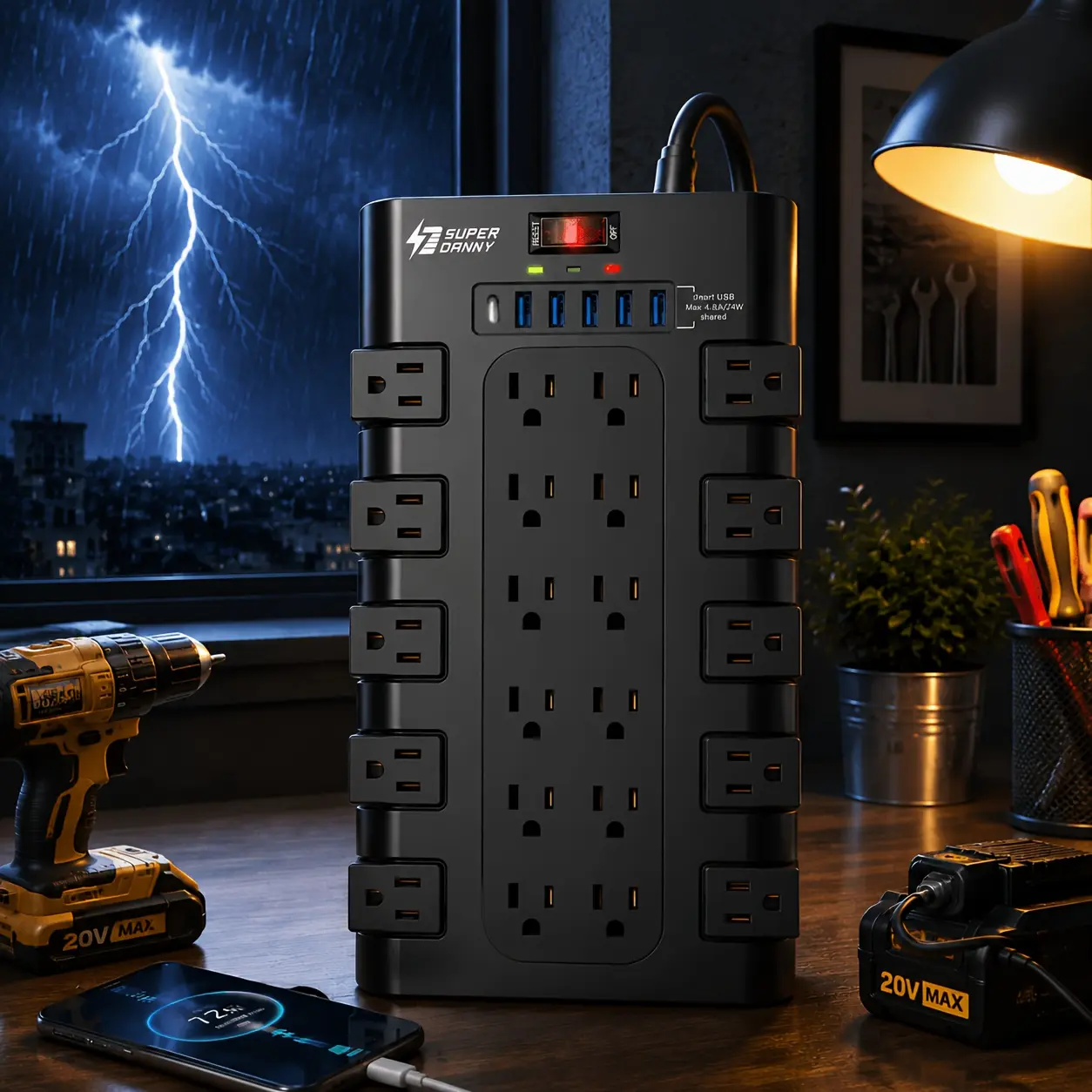 28-in-1 Surge Protector Power Strip With Control Switch, 22 Spacious AC Outlets With 6 USB Ports (1 USB-C PD24/45W), 2100 Joules, Wall-Mountable 5/8/9/10/13Ft Extension Cord, Flat Plug, Multi-Outlet Power Bar With Overload Protection For Home