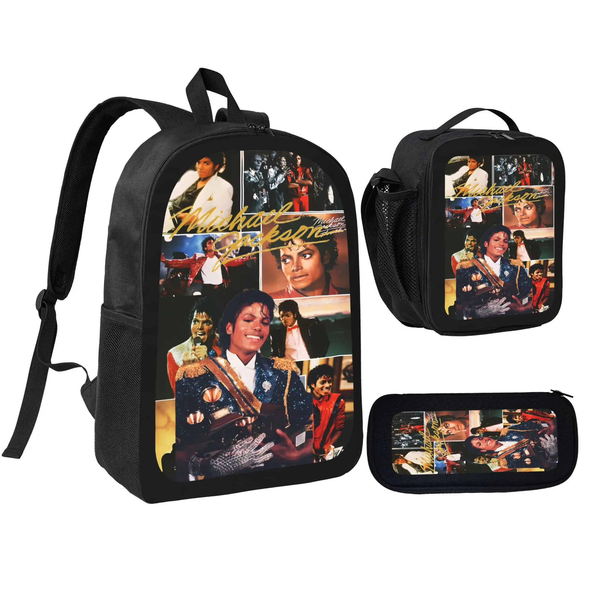 Michael Jackson Backpack Set 3Pcs Kids School Bag Lunch Bag Pencil Case Pop Music Theme Bookbag Lightweight Travel Backpack Back To School Gift For Boys Girls Students, Ideal Birthday Christmas Gift for MJ Fan Boys Girls Ages