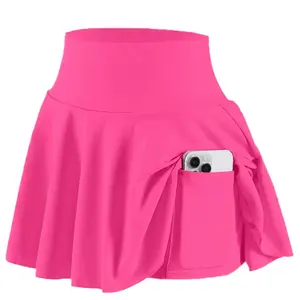 High-stretch Seamless Solid Color Women's Sports Tennis Skirt with Pockets Suitable for Tennis Pink