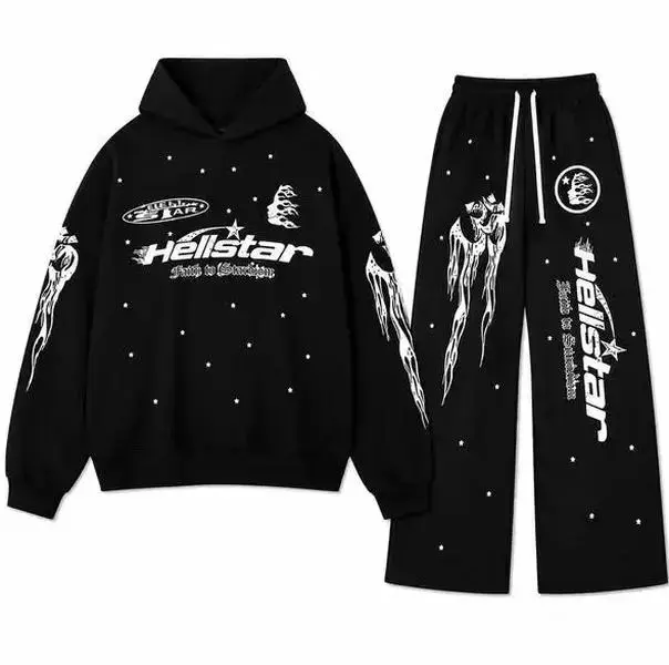 Hellstar Flame Hoodie & Sweatpants Set, Unisex Oversized Streetwear Tracksuit, Casual 2-Piece Outfit for Men & Women, Pullover Hoodie Jogger Set