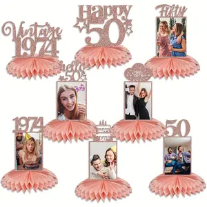 8pcs Happy 50th Birthday Decorations, Honeycomb Centerpieces for Women, Rose Gold Glitter, Party Supplies, Photo Table Topper