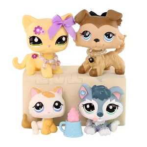 4 Pcs Little Pet Action Bobble-head Figures Kitten #134 Puppy Husky #2036 Collie #893 Shorthair Cat #1962 with Cute Accesoires for Pet Collection Kids Gift Girl Play Figure Animal