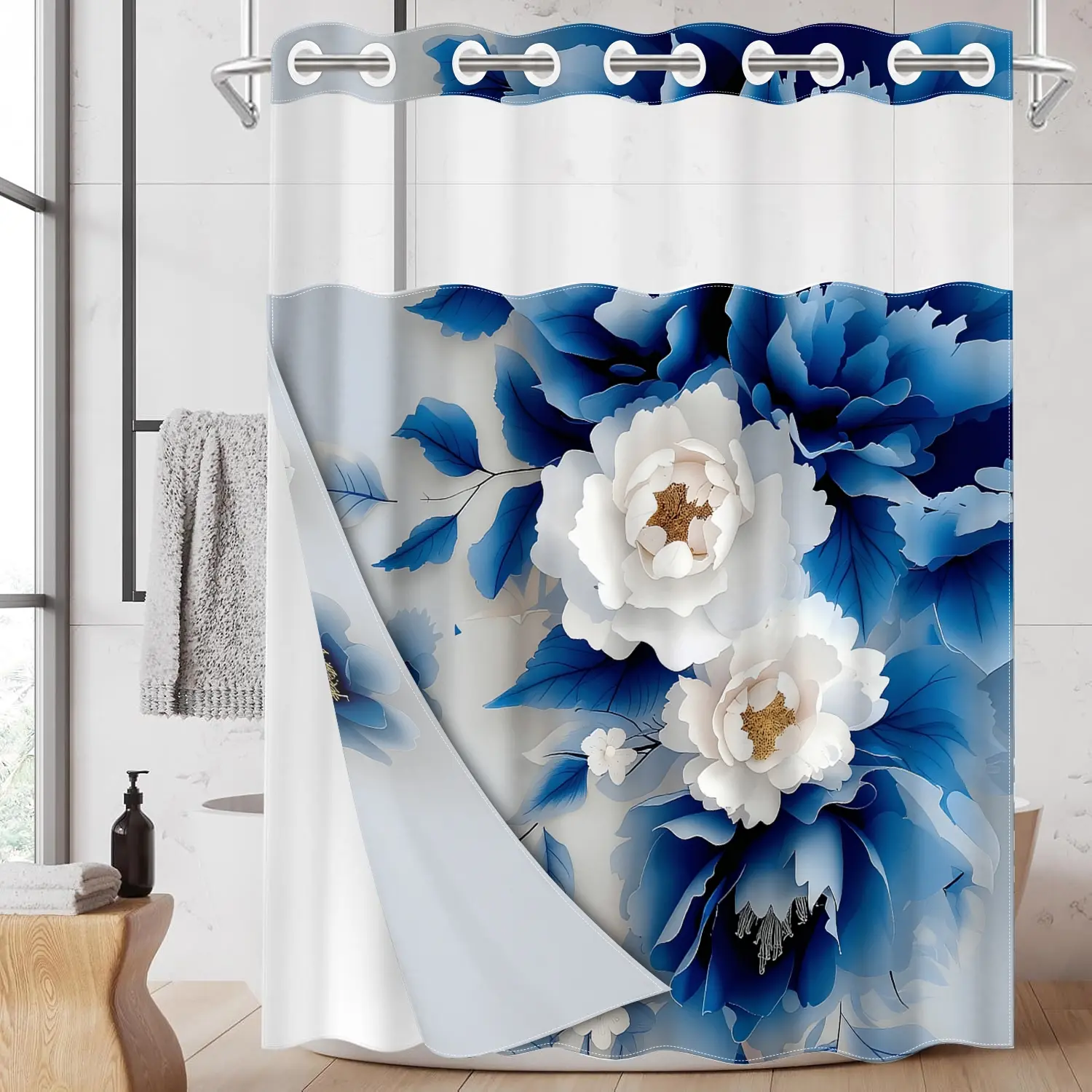 1pc 2D Flat Printing hookless Pretty shower curtain floral liner, Bathroom curtain, Bathroom Decorations, Blue and White Three-Dimensional Flowers Fabric waterproof with transparent window, double-layer, 71x74 inches, home decoration