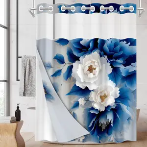 1pc 2D Flat Printing hookless shower curtain hanger liner Blue and White Three - Dimensional Flowers Fabric waterproof lining shower curtain with transparent window, double-layer shower curtain, 71 x 74 inches, modern home curtain decoration