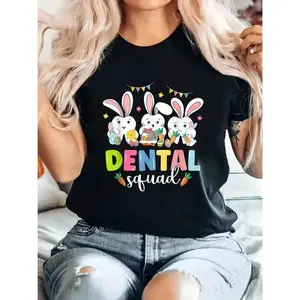 Dental Squad Easter Day Funny Tooth Dentist T-Shirt - Women's Short Sleeve Crew Neck Top with Cartoon Bunny Design, Lightweight & Comfortable for Summer & Spring Casual Wear, Dental Professional Apparel | Fun Graphic Tshirt | Fabric, Dental Gifts