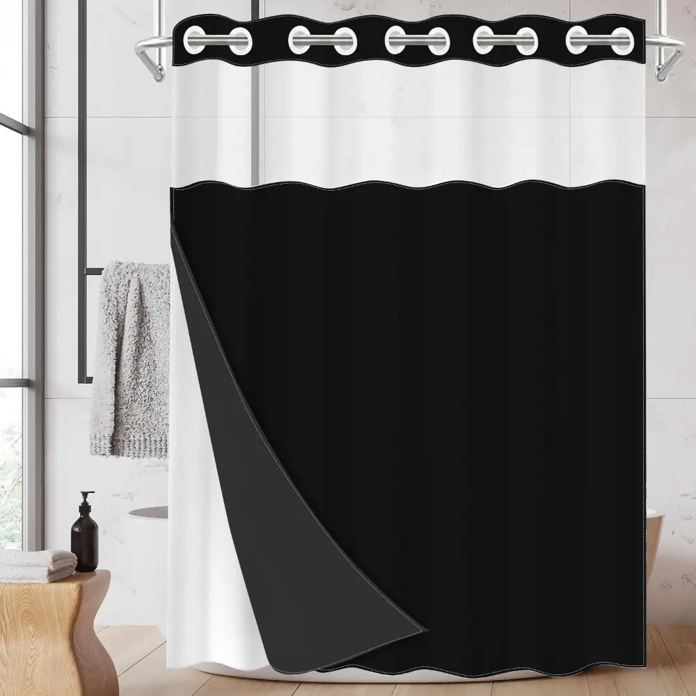 1pc hookless shower curtain with buckle lining, solid black design, 2D flat printing, waterproof fabric lining, see-through double-layer, 71 x 74 inches, modern home curtain, Printed shower curtain