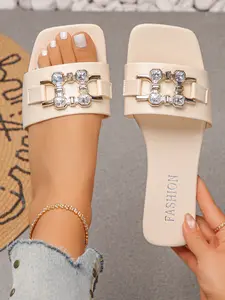 Women's Summer Flat Sandals, New Large Size Rhinestone Decorated Fashion Square Toe Solid Color Slippers, Comfortable and Stylish Footwear