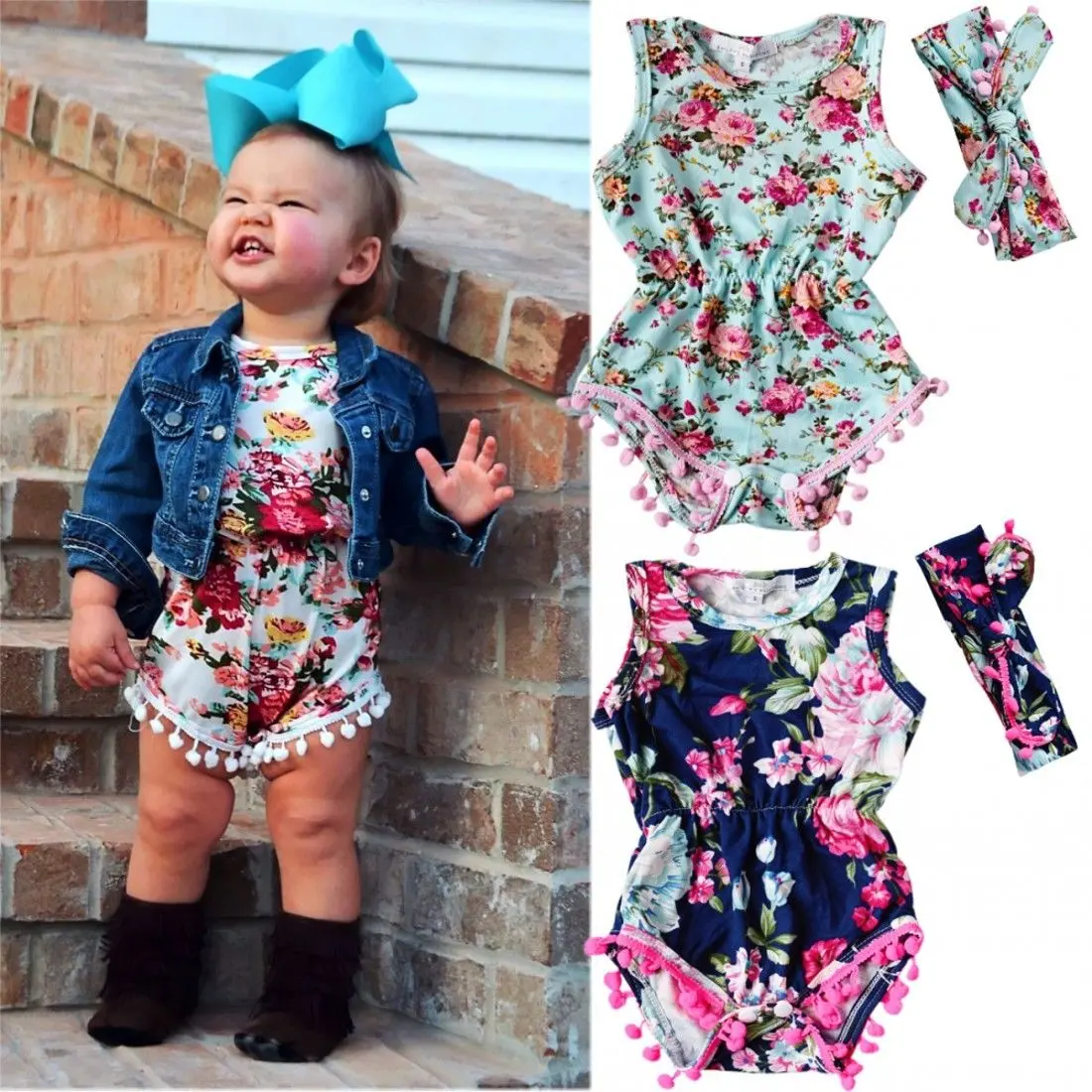 Ma&Baby Infant Baby Girls Floral Romper Sleeveless Pompom Tassels Bodysuit Jumpsuit with Headband Summer Outfits Set