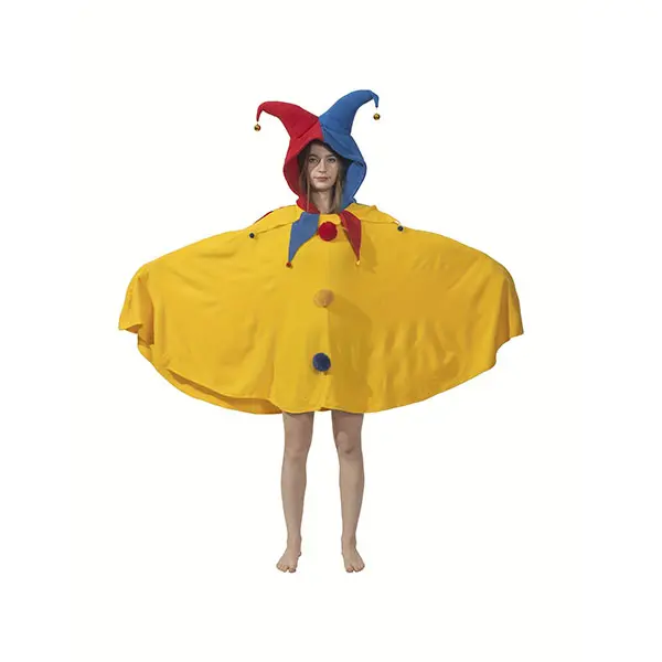 Women's Yellow Polar Fleece Clown Hooded Cloak for Lady - Colorful, Casual Basic, Bells, Balls, Fluffy Fur Cowl, Comfortable Breathable Collar, Pomni Cosplay Costume, Matching Accessories Included, Ideal for Halloween, Christmas
