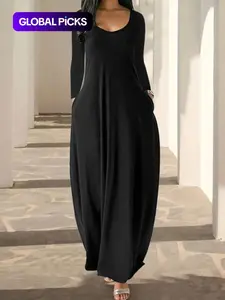 Women's Long Nightgown Night Dress, Leopard Print in Coffee, Casual Basic Everyday Round Neck Long Sleeve Pocket Sleepwear, Soft Comfortable All-Season Loungewear, Womenswear