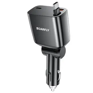 SOARFLY 180° Retractable Car Charger, 65W USB-C Fast Charging for iPhone 16 & Android Devices, 3 Port Car Accessories for Travel, SUV & Truck Essentials, Gift for Men & Women car phone holder