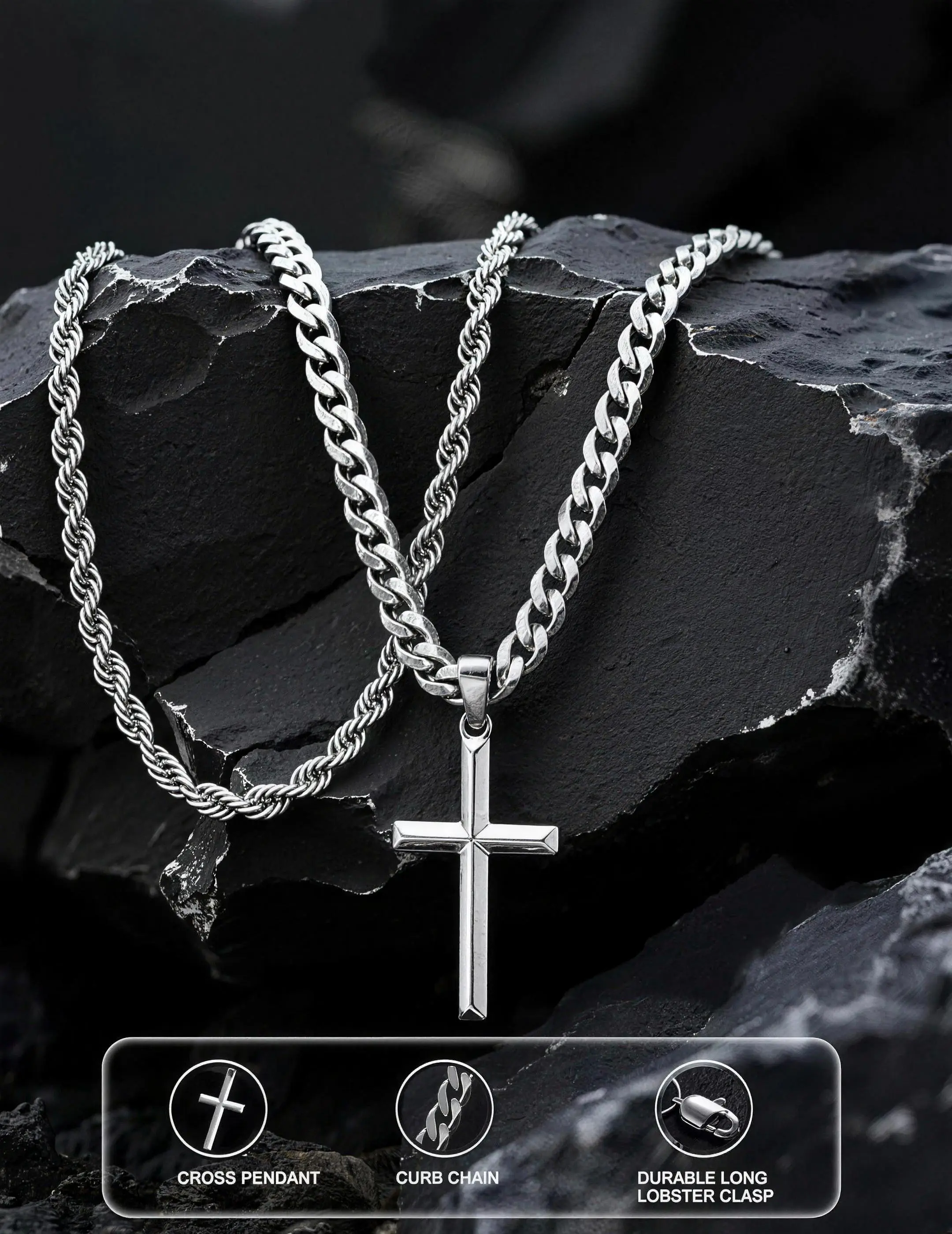 2Pcs Double Layer   Set for Men Women, Stainless Steel Stacked Jewelry, 3D  Pendant with Cuban Curb  & Twisted Rope , Waterproof Layered Faith Daily Fashion Accessory