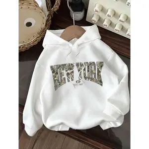 Women's Letter Print Drop Shoulder Hoodie, Fashion Casual Drawstring Kangaroo Pocket Hooded Sweatshirt for Daily Holiday Outdoor Wear, Women Clothing for Winter, Camo HoodieGift