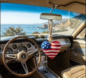 Crochet Heart Car Hanging Decor | Handmade American Flag Heart | Cute Rearview Mirror Charm | Patriotic Gift Car Accessory