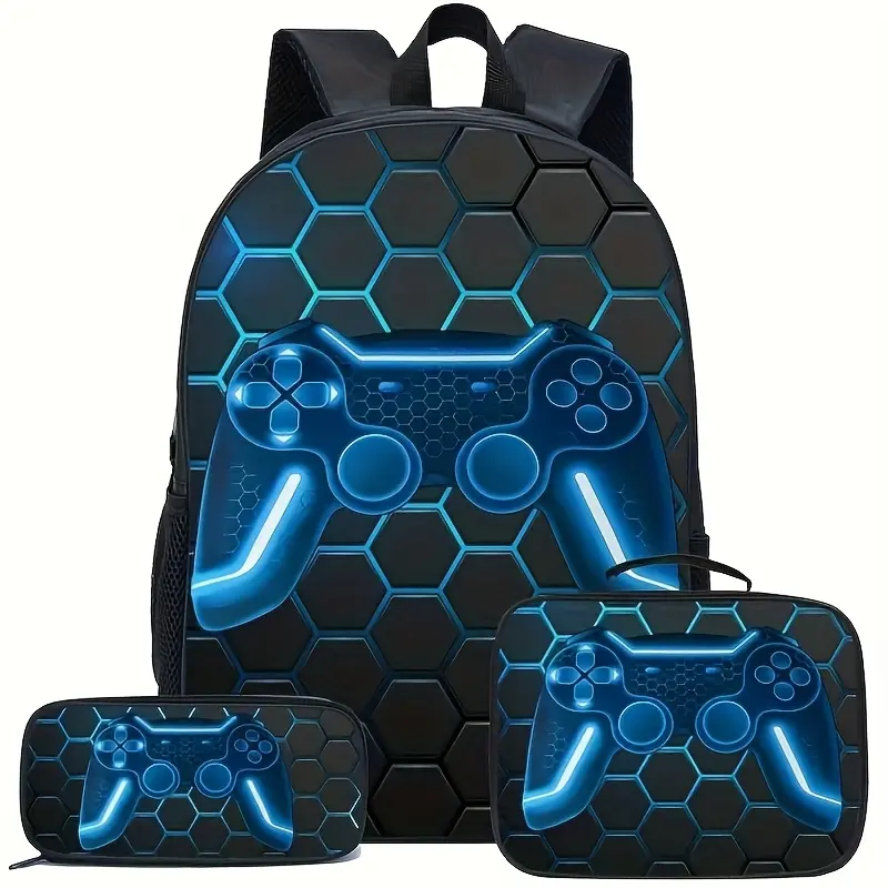 3Pcs Blue Neon Game Controller Print Backpack Set Durable 600D Oxford Cloth School Bag Insulated Lunch Box & Pencil Case Combo Adjustable Breathable Strap Large Capacity Fits 15in Laptop for Kids Teens School Travel Outdoor Use
