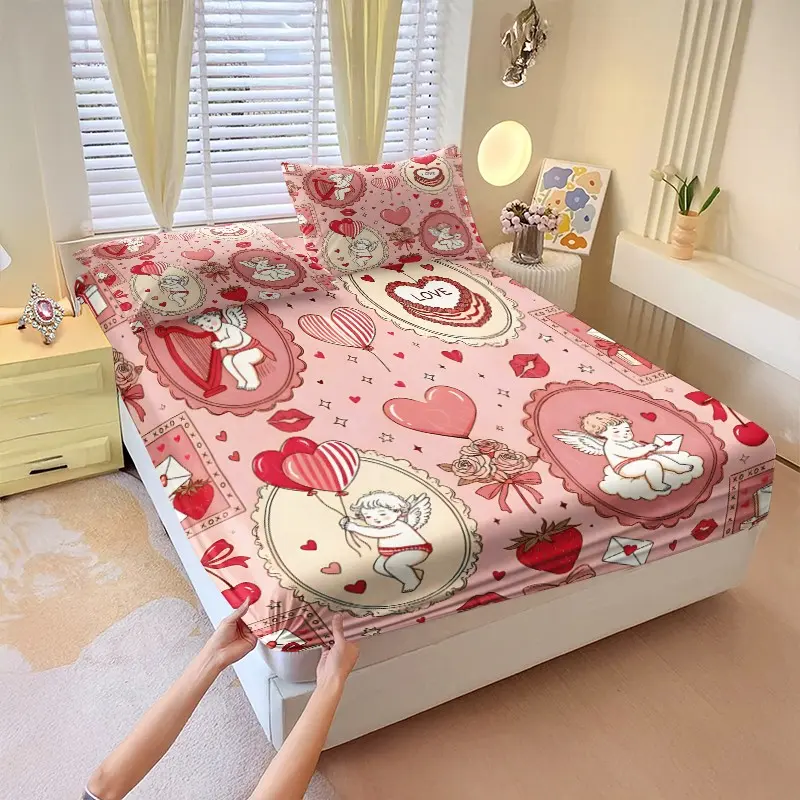 Fitted Sheet 3pcs Set: Romantic Vintage-Inspired 1 Fitted Sheet Set + 2 Pillowcases, Featuring Whimsical Cupids and Heart Motifs. Perfect for Cozy Bedrooms and Stylish Decor. Ideal for All-Season Comfort! No Filling.