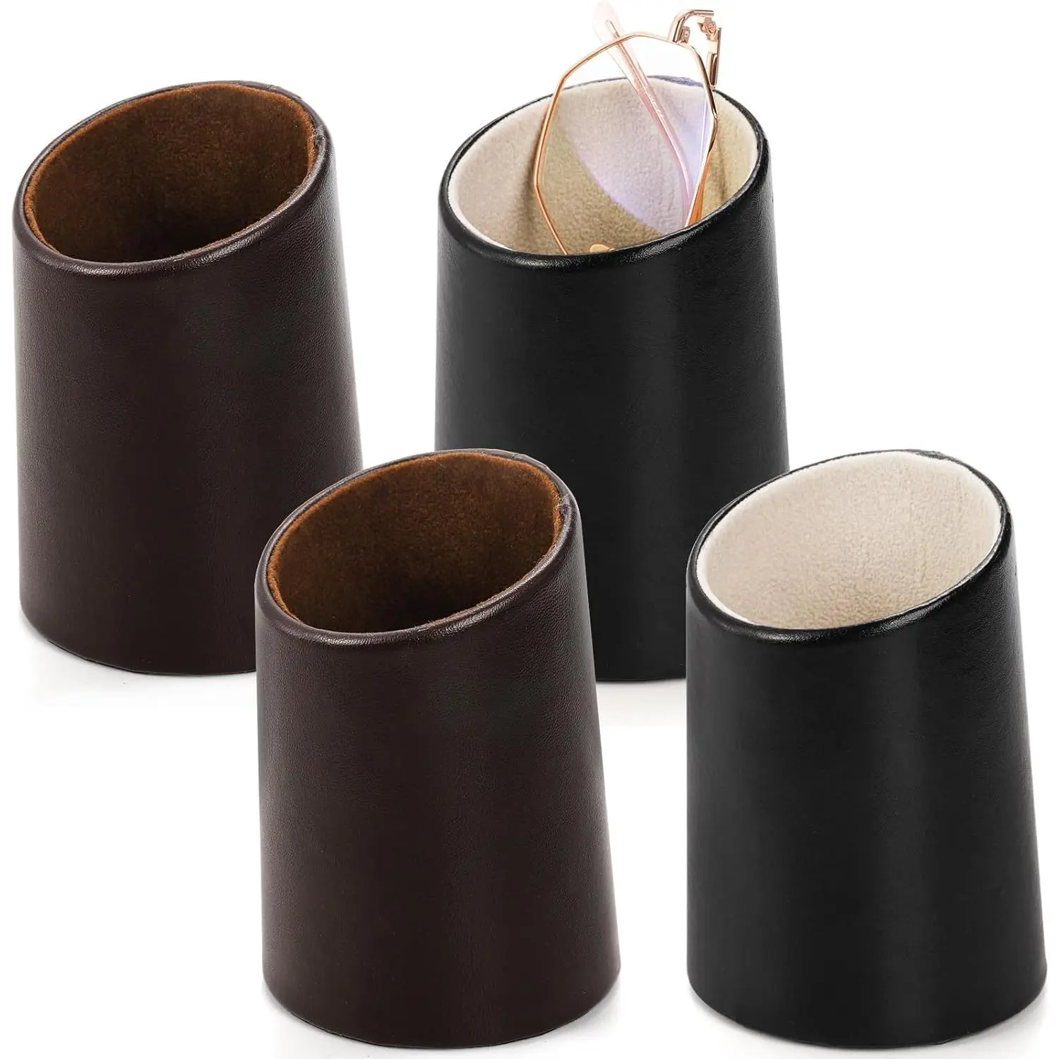 4 count Eyeglass Holder Stand, PU Leather Stand Case for Eyewear, Reading Glasses, Desk, Nightstand