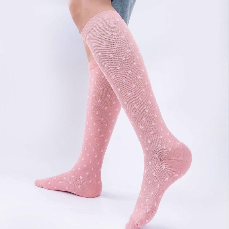 6 Pairs Over-the-Knee Compression Socks Pink Cream Mauve with Polka Dots Nylon Blend Moisture Wicking Breathable Day Lightweight Pastel Women's Wear Festival Party cosy  socks Calf-Length Fashion