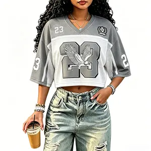 Women's Custom Gray Y2K Football Crop Top - Personalized Number & Logo Soccer Jersey Tee for Streetwear, Professional Sports Clothing