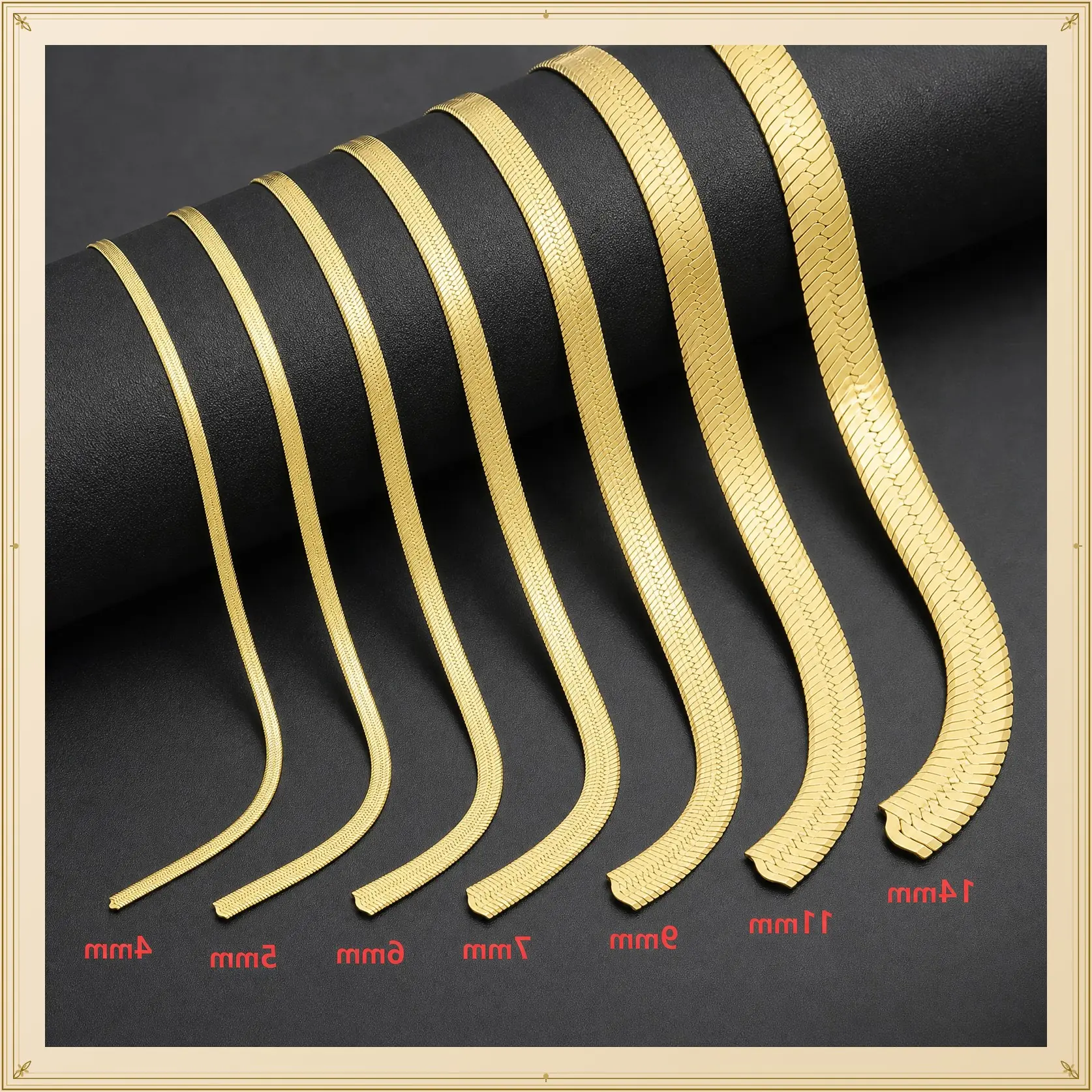 MaxBling81 AAA+ Brass 14K Stamped Hip Hop Style Gold-Plated Herringbone Chain Necklace, 4mm-14mm Thickness, 8"-30" Length, Unisex Fashion Bling Costume Jewelry Accessory