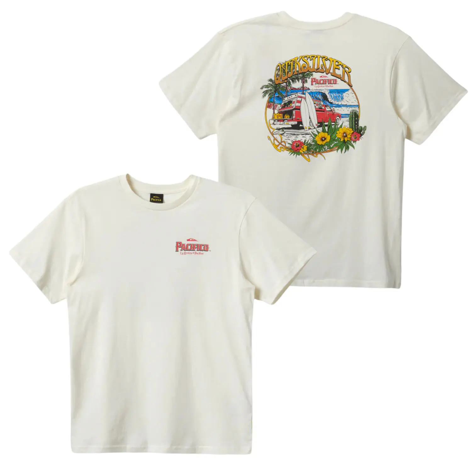 Quiksilver Pacifico T-Shirt, Featuring Vintage Surf Van and Tropical Beach Scene on Back, Soft Cotton Fabric, Unisex Fit for Men and Women, Perfect for Summer Vibes