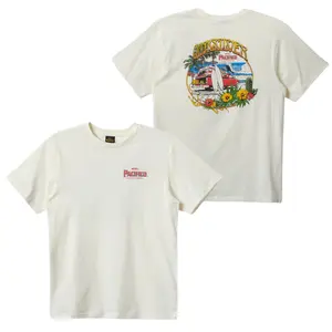 T-shirt, featuring a vintage surfboard and tropical beach pattern on the back, made of soft cotton fabric, unisex, perfect for a summer vibe